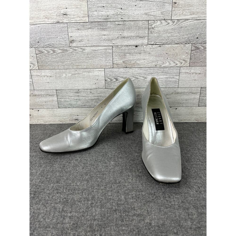 STUART WEITZMAN VINTAGE Silver Metallic Square Toe Chunky Heel Pumps Size 9B